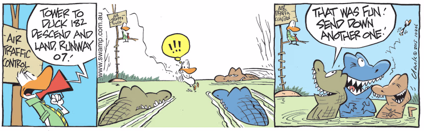 After hearing a transmission from Air Traffic Control to Duck 182 to land on Runway 07, the Rogue Crocs quietly wait for his landing. Swamp Cartoon - Transmission from Air Traffic ControlFebruary 8, 2022