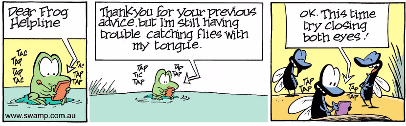 Mort phones frog helpline for advice catching flies with his tongue not realising talking to flies. Swamp Cartoon - Phone Frog HelplineSeptember 3, 2024