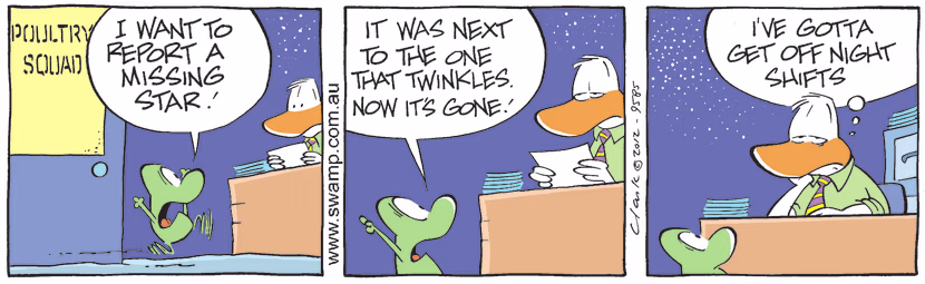 Mort Frog anxiously reports the missing star to the Poultry Squad Investigator. Swamp Cartoon - Poultry Squad InvestigatorOctober 1, 2024