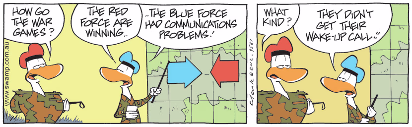Army Sergeant is checking how the war games is going and he's told the blue force is winning. Swamp Cartoon - Blue Force is WinningOctober 3, 2024