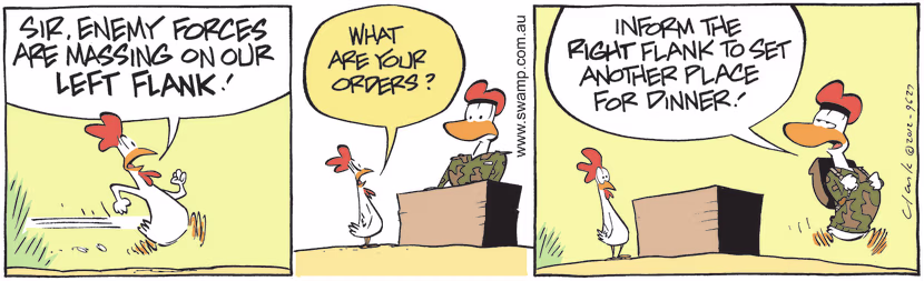 Carrier Pigeon 493 rushes to tell the Commanding Officer that enemy forces are massing on the left flank. Swamp Cartoon - Army Duck TacticsOctober 25, 2024