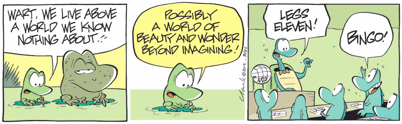Wart and Mort Frogs discuss how they live above a world they know nothing about possibly a world of beauty and wonder. Swamp Cartoon - World of Beauty and WonderMay 24, 2021