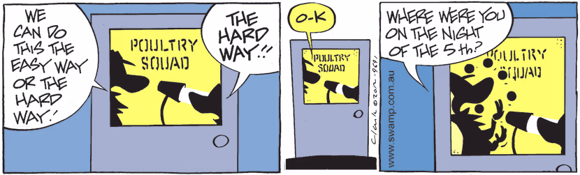 Poultry Squad Officer tells the the defendant duck they can do the interview the easy way or as a hard way interrogation. Swamp Cartoon - Hard Way InterrogationMay 27, 2021