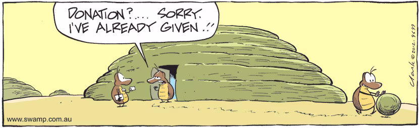 A charity worker has dropped by asking the home owner for a donation and the Dung Beetle has given a donation....of dung. Swamp Cartoon - Dung Beetle has given a DonationMay 28, 2021