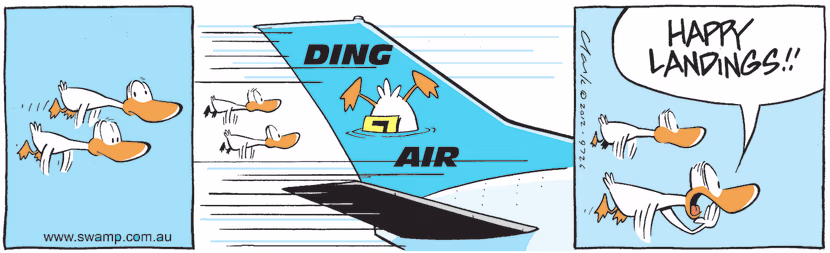 The Aviator Ducks are flying when they are amazed to see an aircraft branded, Ding Duck Airline flying and they shout to the captain, 'Happy Landings!' Swamp Cartoon - Ding Duck Airline FlyingMay 5, 2021