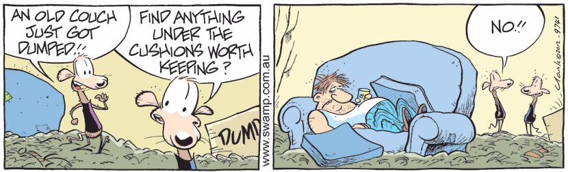 Cheese Rat finds old couch that has just been dumped and Chives asked if he has found anything under the seats worth keeping. Swamp Cartoon - Cheese Rat Finds Old CouchMay 14, 2021