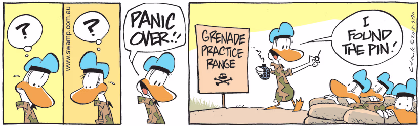 At the Grenade Practice Range the Army Duck declares panic over as he has found the pin to the grenade. Swamp Cartoon - Army Duck Declares Panic OverJune 11, 2021