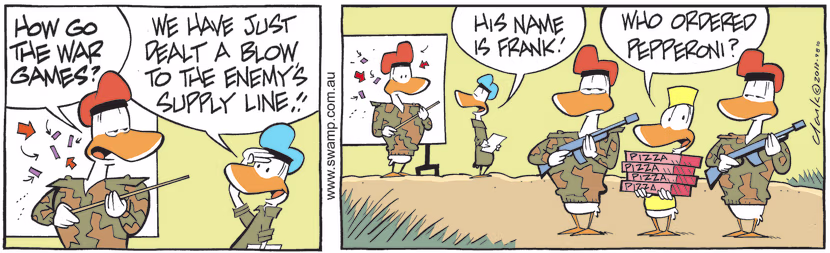 Army Duck reports to his Commanding Officer they have dealt a blow to the enemy by interrupting their supply lines. Swamp Cartoon - They Have Dealt a BlowJune 21, 2021