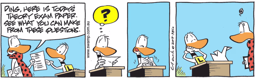 The Flight Theory Instructor hands Ding exam paper and says see what you can make of these questions. Swamp Cartoon - Hands Ding Exam PaperJuly 12, 2021