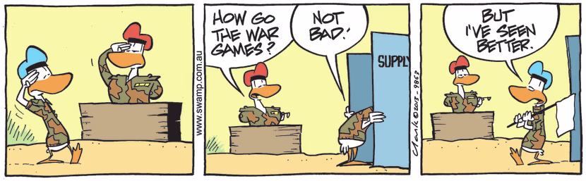 Private Duck greets his commanding officer who enquires how the war games are progressing to which the Private replies, not bad. Swamp Cartoon - War Games are ProgressingJuly 13, 2021