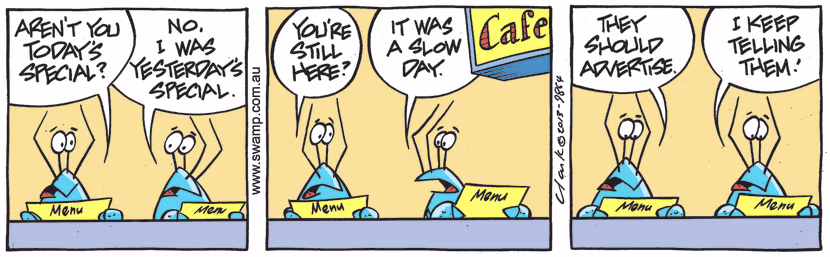 Bob Crayfish is surprised to see his fellow crayfish at the counter of the Swamp Cafe as he thought he was today's special. Swamp Cartoon - Bob Crayfish is SurprisedJuly 14, 2021