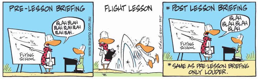 Flying School Instructor is giving the pre-lesson briefing to his student but he doesn't appear to be comprehending it very well. Swamp Cartoon - Pre-Lesson BriefingAugust 6, 2021
