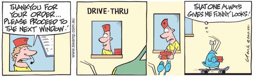 Cruising on his skateboard, Bob Crayfish is collecting his take-away food order at the drive-thru. Swamp Cartoon - Cruising on his SkateboardAugust 17, 2021