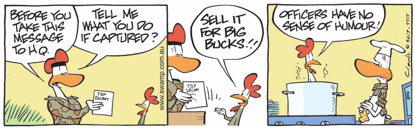 Carrier Pigeon 590 has just received a top secret message from Army Sergeant to be taken to Head Quarters. Swamp Cartoon - Top Secret MessageAugust 18, 2021