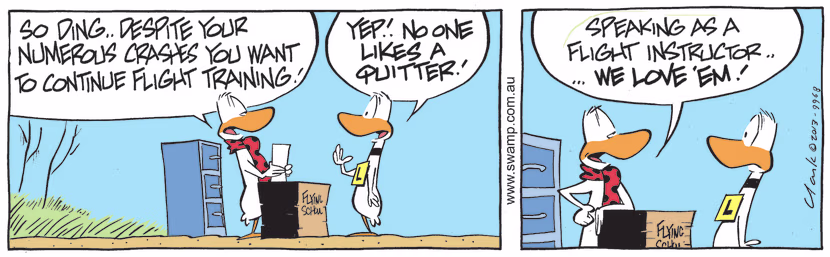 Flying School Instructor is amazed at the determination of Ding Duck to continue flight training despite his numerous crashes. Swamp Cartoon - Determination of Ding DuckAugust 23, 2021