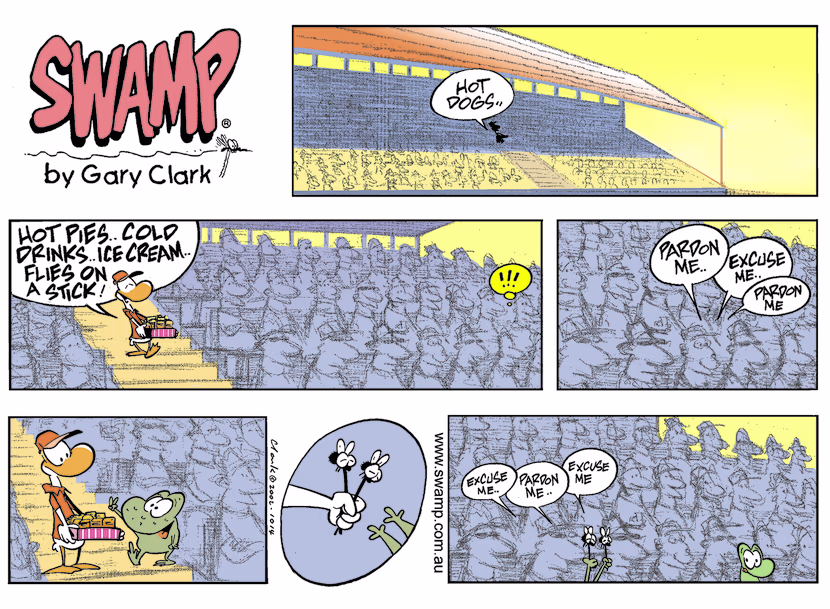 Wart Frog is at big game and a vendor is offering snacks - icecream, hot pies, cold drinks and he can't resist the flies on sticks. Swamp Cartoon - Wart Frog is at Big GameOctober 3, 2021