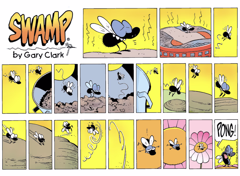 Fly is enjoying his life flying from one smelly thing to another and even happily slipping off a cowpat until he smells a flower. Swamp Cartoon - Fly is Enjoying his LifeSeptember 19, 2021
