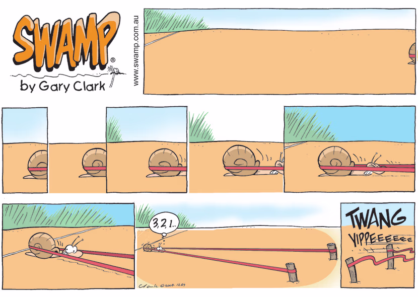 Snail decides to try a thrill seeking adventure by setting up a sling shot to propel him fast into the air. Swamp Cartoon - Thrill Seeking AdventureJuly 4, 2021
