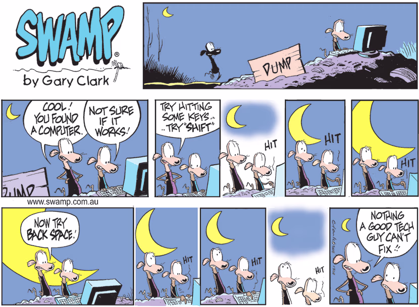 Chives Rat is excited that Cheese Rat has found a computer at the dump and when pressing various keys it produces unusual results. Swamp Cartoon - Chives Rat is ExcitedMarch 6, 2022