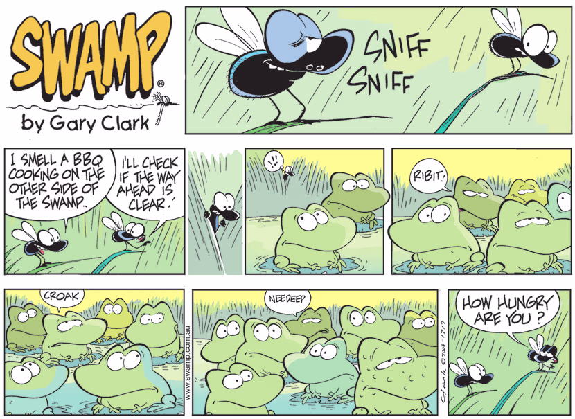 The Flies are excited by the smell of a BBQ on the other side of the Swamp until one of them checks if the way ahead is clear. Swamp Cartoon - The Flies are ExcitedDecember 5, 2021