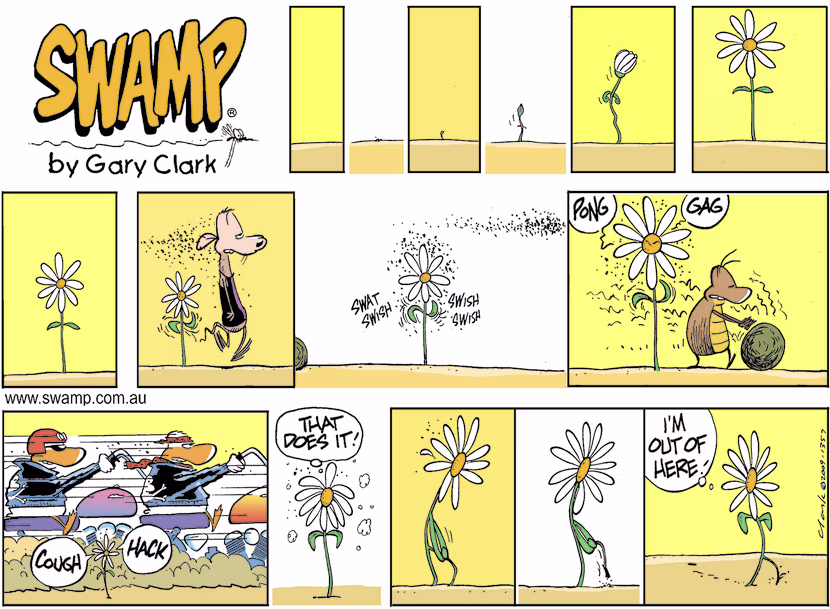 Even a flower has it's limits regarding odour from Chives Rat, Dung Beetle rolling dung ball, then Wild Ducks deciding to uproot and leave. Swamp Cartoon - Odour from Chives RatMay 22, 2022