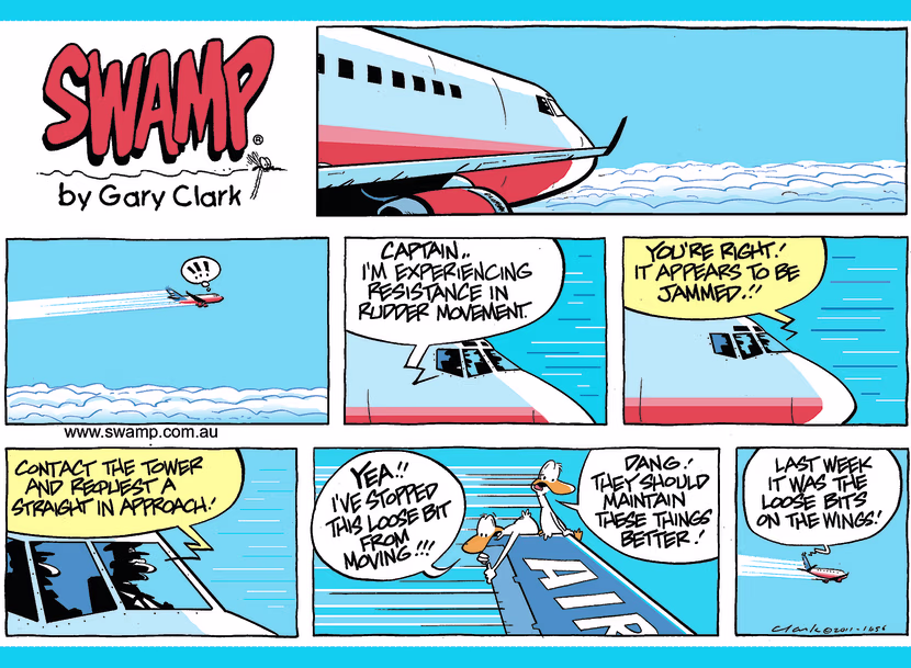 First Officer informs the captain that he is experiencing resistance in rudder movement and it appears to be jammed. Swamp Cartoon - Resistance in Rudder MovementJuly 11, 2021