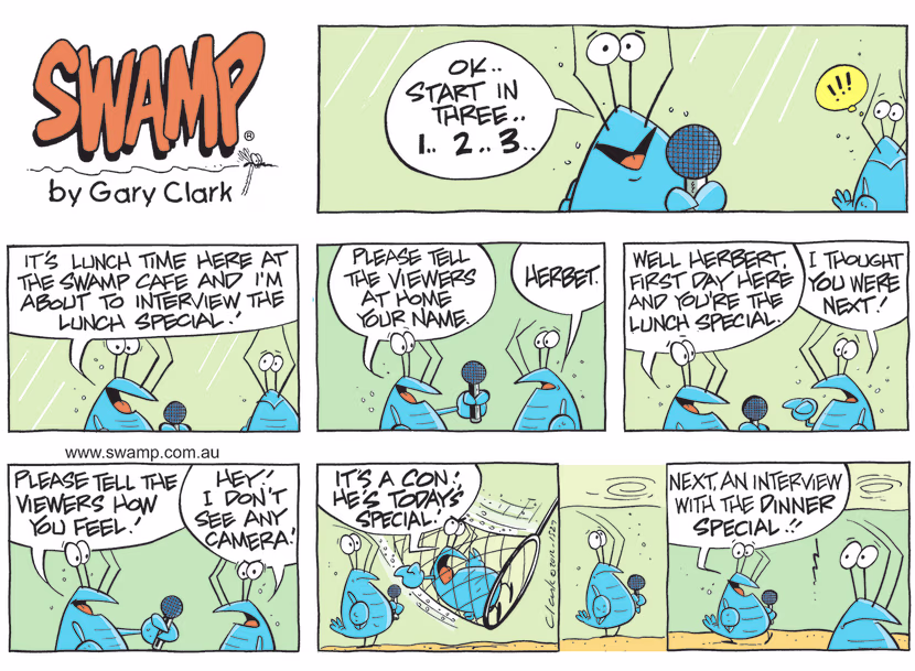 Bob Crayfish is doing TV interview of Herbert, who discovers that he is the lunch special at Swamp Cafe. Swamp Cartoon - TV Interview of HerbertSeptember 5, 2021