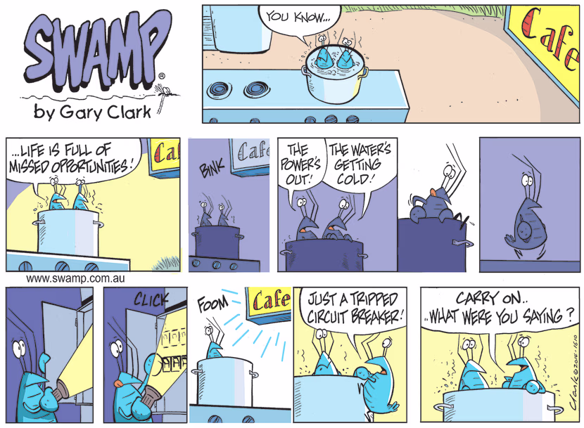 While sitting in a boiling pot Bob Crayfish is lamenting to Kevin about lost opportunities when suddenly there's a power outage. Swamp Cartoon - Bob Crayfish is LamentingApril 24, 2022