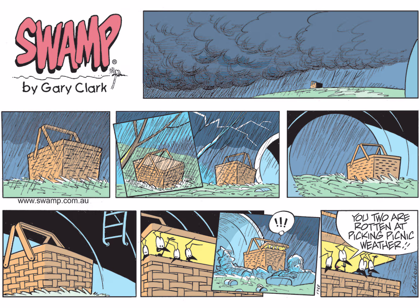 The Ants snuck into picnic basket the humans have packed but disaster strikes as it's raining so much it's flooding. Swamp Cartoon - Ants Snuck into Picnic BasketOctober 10, 2021