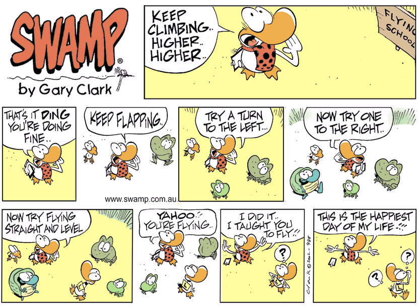 Flight Instructor has proud moment when he believes Ding Duck is flying and he shouts encouragement to fly higher. Swamp Cartoon - Flight Instructor has Proud MomentNovember 14, 2021