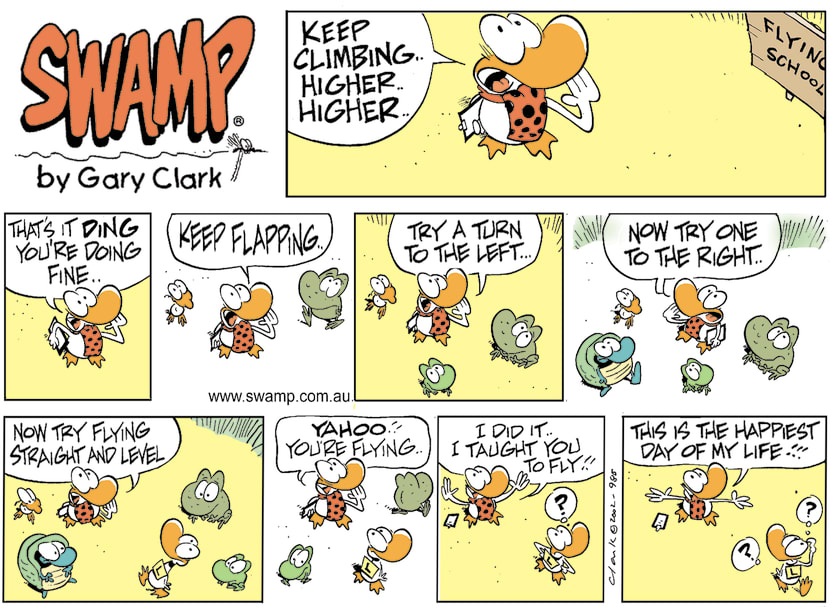 Flight Instructor has proud moment when he believes Ding Duck is flying and he shouts encouragement to fly higher. Swamp Cartoon - Flight Instructor has Proud MomentNovember 14, 2021