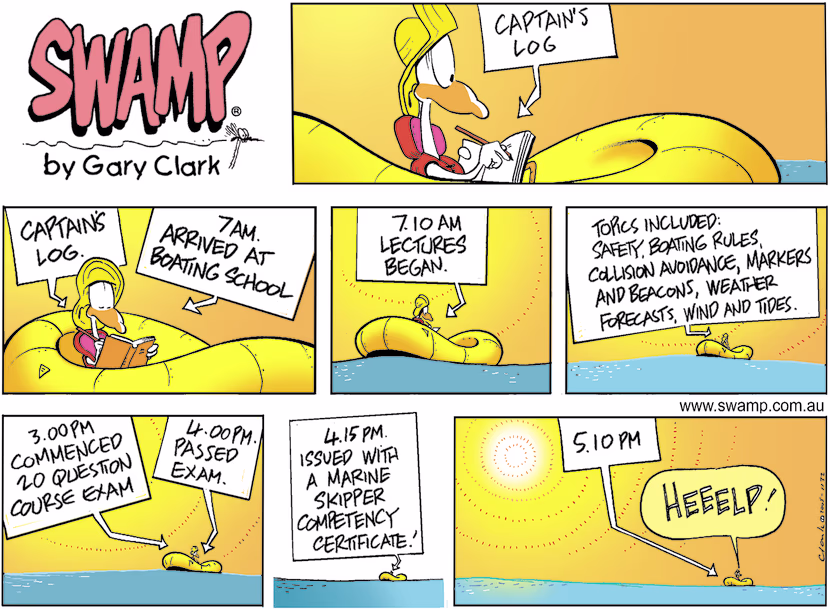 Nit Picker documents in log book his day at boating school learning all things nautical and he gains his marine skipper competency certificate. Swamp Cartoon - Marine Skipper Competency CertificateFebruary 6, 2022