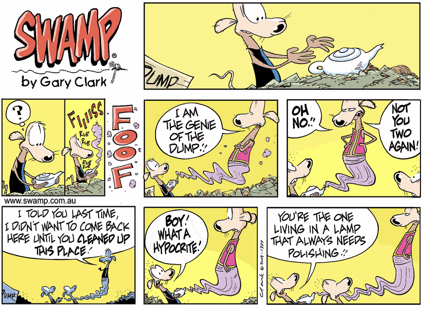 Cheese and Chives Rats polished the lamp and Genie of the Dump was annoyed the place is still a mess. Swamp Cartoon - Genie of the DumpMarch 27, 2022