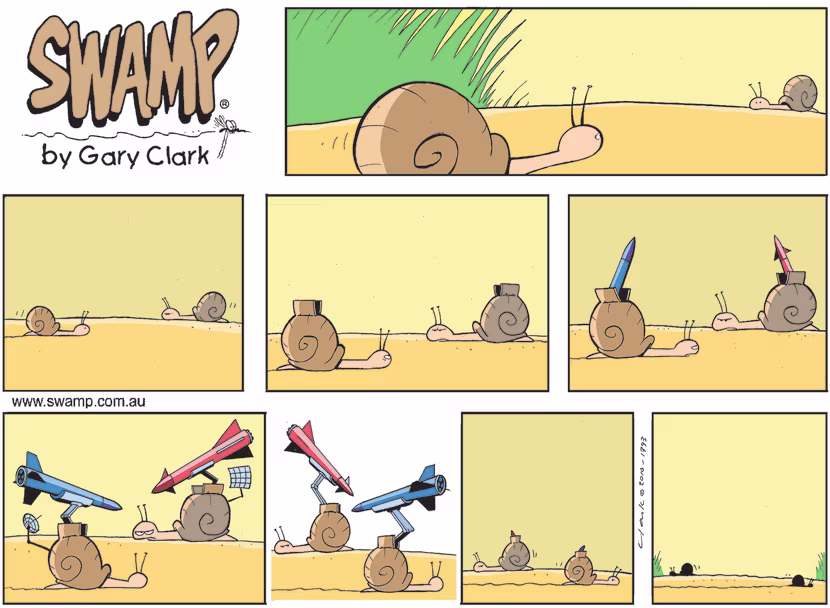 Snails see each other and for a moment things start to get ugly when they start flexing their muscle power but they just pass on. Swamp Cartoon - Flexing Their Muscle PowerApril 10, 2022