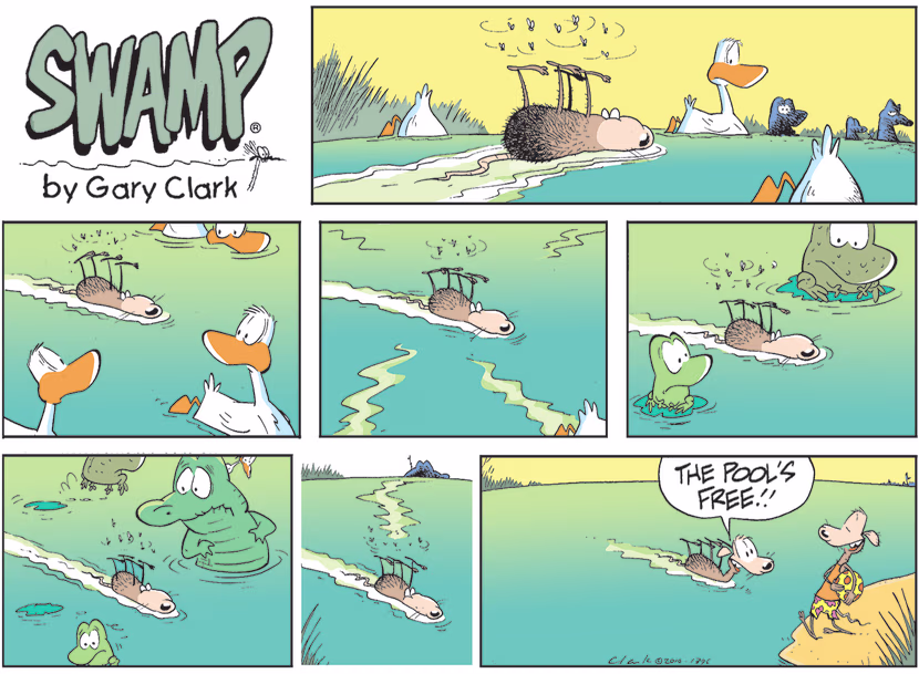 The Swamp inhabitants see a dead rat floating by them and that's enough for them to clear the water. Swamp Cartoon - Dead Rat FloatingJanuary 2, 2022