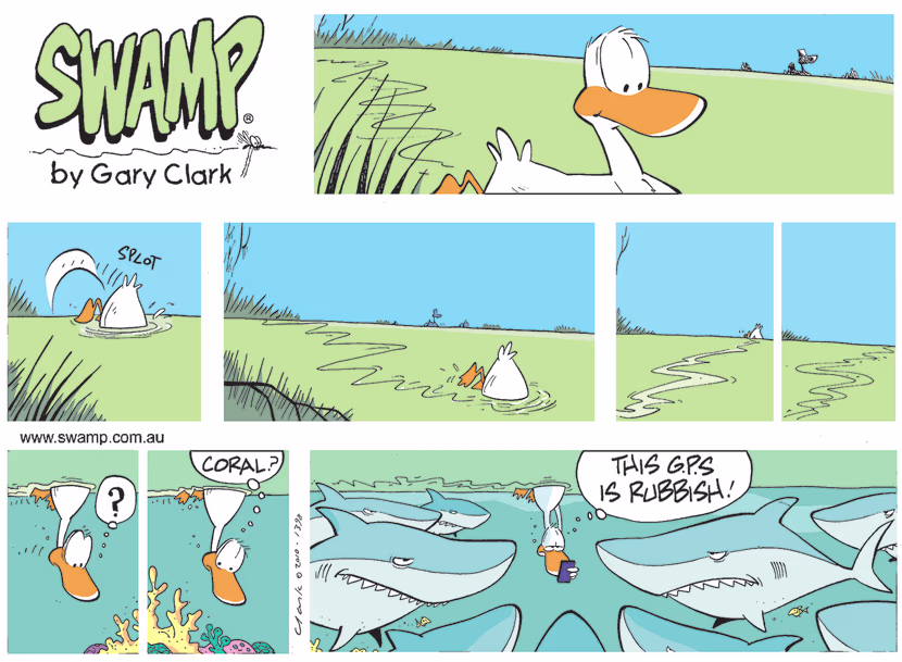 Swamp Duck is paddling through the Swamp and venturing through places he didn't know he was going to courtesy of his GPS. Swamp Cartoon - Paddling Through the SwampMarch 20, 2022