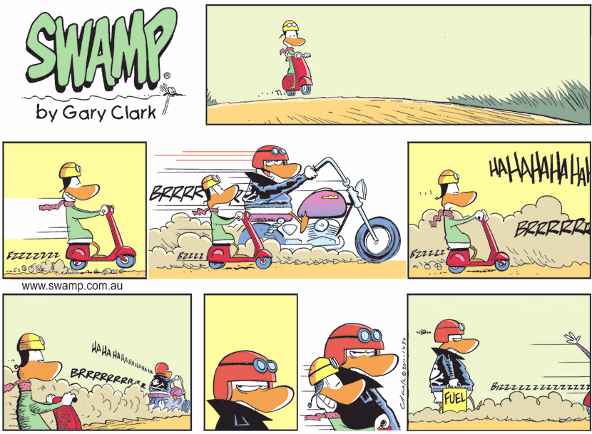 Wild Duck speeds past duck on a scooter with an expression of 'eat my dust' which he soon regrets. Swamp Cartoon - Eat My DustApril 17, 2022