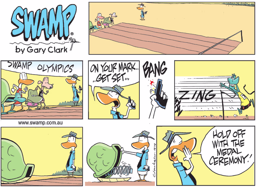 At the sprint race of the Swamp Olympics, Turtle blitzed the field with his speed and won the race. Swamp Cartoon - Turtle Blitzed the FieldMay 8, 2022
