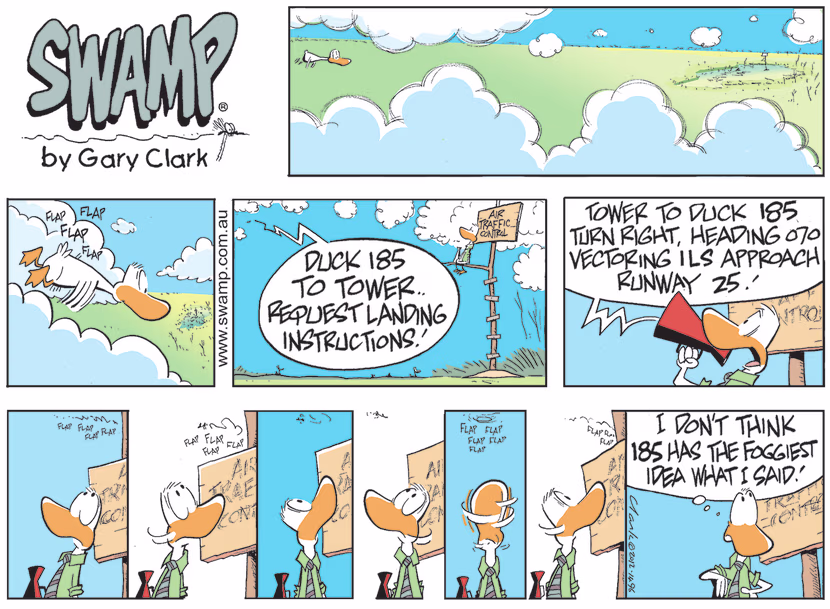 Air Traffic Controller has lost sight of Duck 185 after giving him instructions for landing. Swamp Cartoon - Instructions for LandingAugust 7, 2022