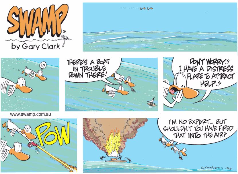 Aviator Ducks see a boat in distress and call out to them to not worry as they have distress flares to attract attention. Swamp Cartoon - Boat in DistressJuly 31, 2022