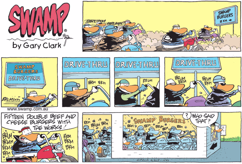On a Sunday drive the Wild Ducks head to Swamp Burgers Drive-thru to order beef burgers. Swamp Cartoon - Swamp Burgers Drive-thruApril 18, 2021