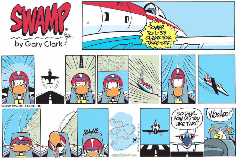 Ding Duck flight in jet sees him feeling the effects of gravity, being airsick from aerobatics but he loved every minute as he was flying. Swamp Cartoon - Ding Duck Flight in JetMay 9, 2021