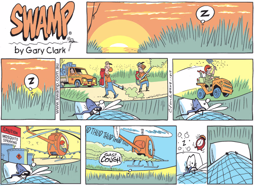 Swamp Mosquito is having nightmare as the pest control is trying to eradicate through spraying and swatting. Swamp Cartoon - Mosquito is Having NightmareJanuary 23, 2022