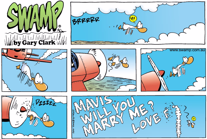 A skywriter is creating a unique marriage proposal when an Aviator Duck intersects. Swamp Cartoon - Unique Marriage ProposalJuly 20, 2025