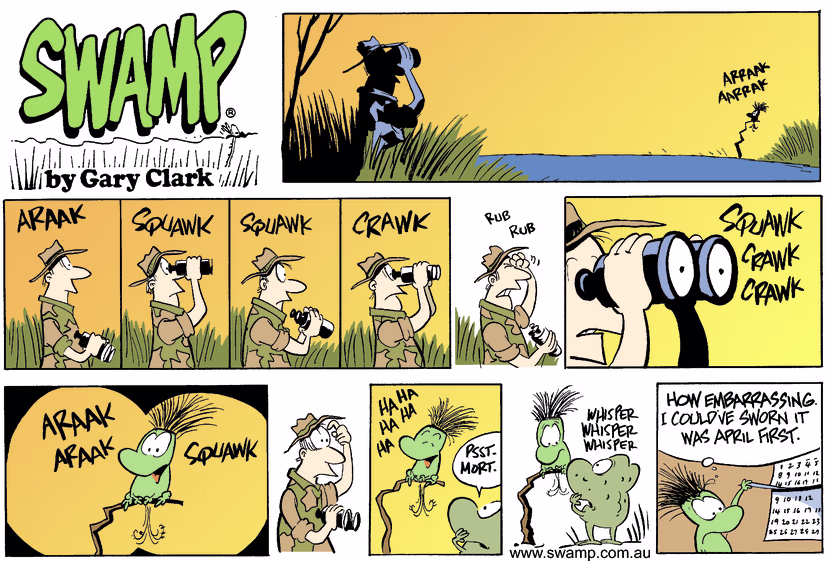 Believing it's April 1, Mort Frog is messing with a nature lover and pretending to be Bludgerigar. Swamp Cartoon - Mort Frog ImpersonationSeptember 21, 2003