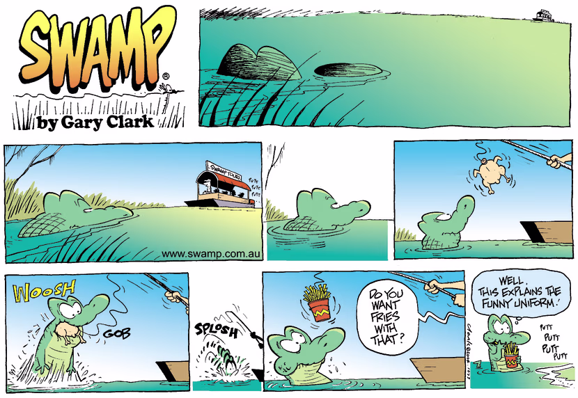 It's feed time and Old Man Croc has enjoyed a meal of chicken and chips. Swamp Cartoon - Feed TimeJuly 27, 2025