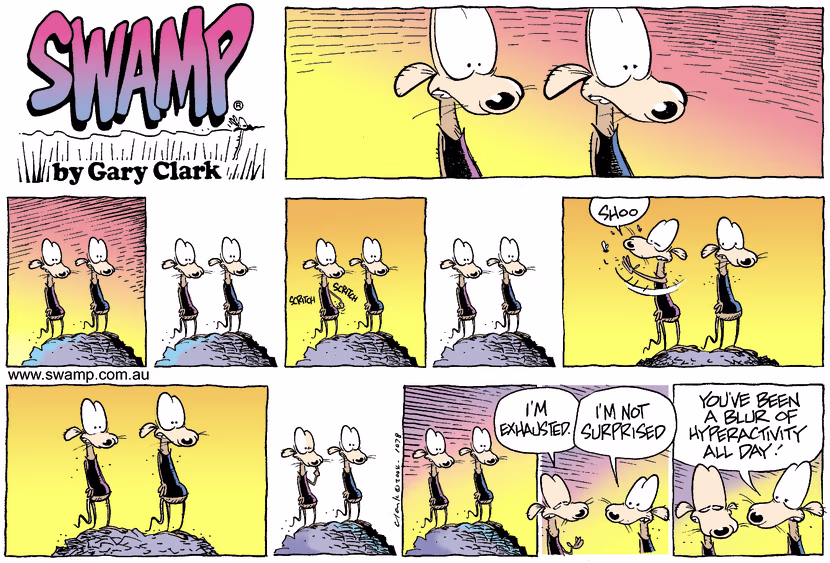 Chives Rat is exhausted from a day of hyperactivity. Swamp Cartoon - ExhaustedAugust 3, 2025