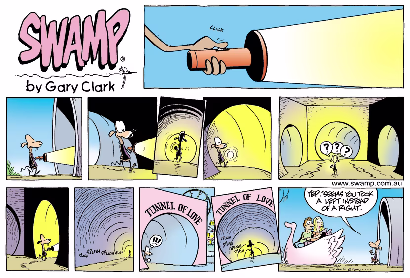 Chives Rat has entered the sewer pipe to help a couple who thought they going through the tunnel of love but took wrong turn. Swamp Cartoon - Tunnel of LoveMarch 9, 2025