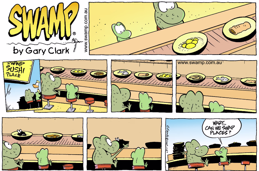 Wart and Mort Frogs are enjoying exotic meals at a sushi bar. Swamp Cartoon - Exotic MealJune 1, 2025