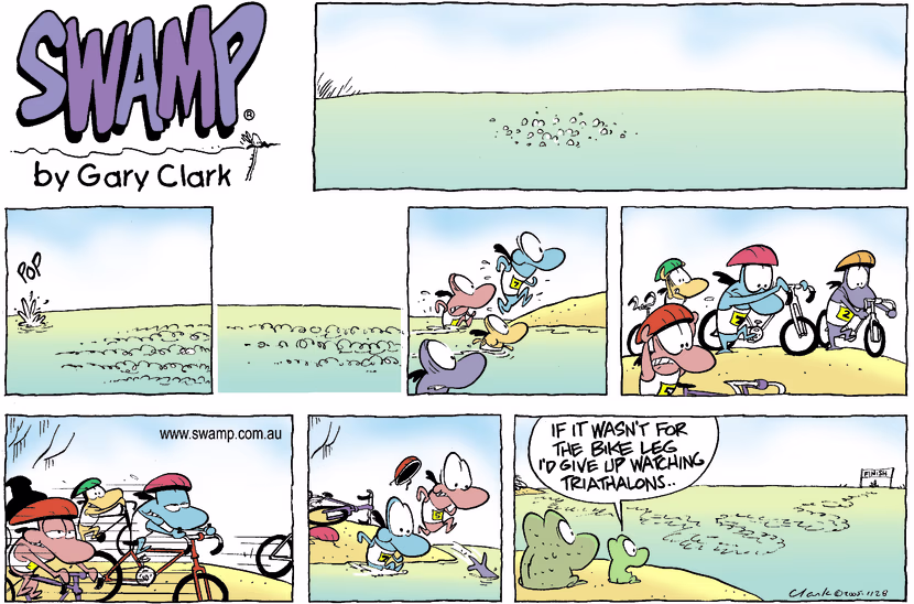 The race is on as the fish are going through the sections of the triathlon as Wart and Mort enjoy watching the cycling leg. Swamp Cartoon - The Race is OnJune 8, 2025